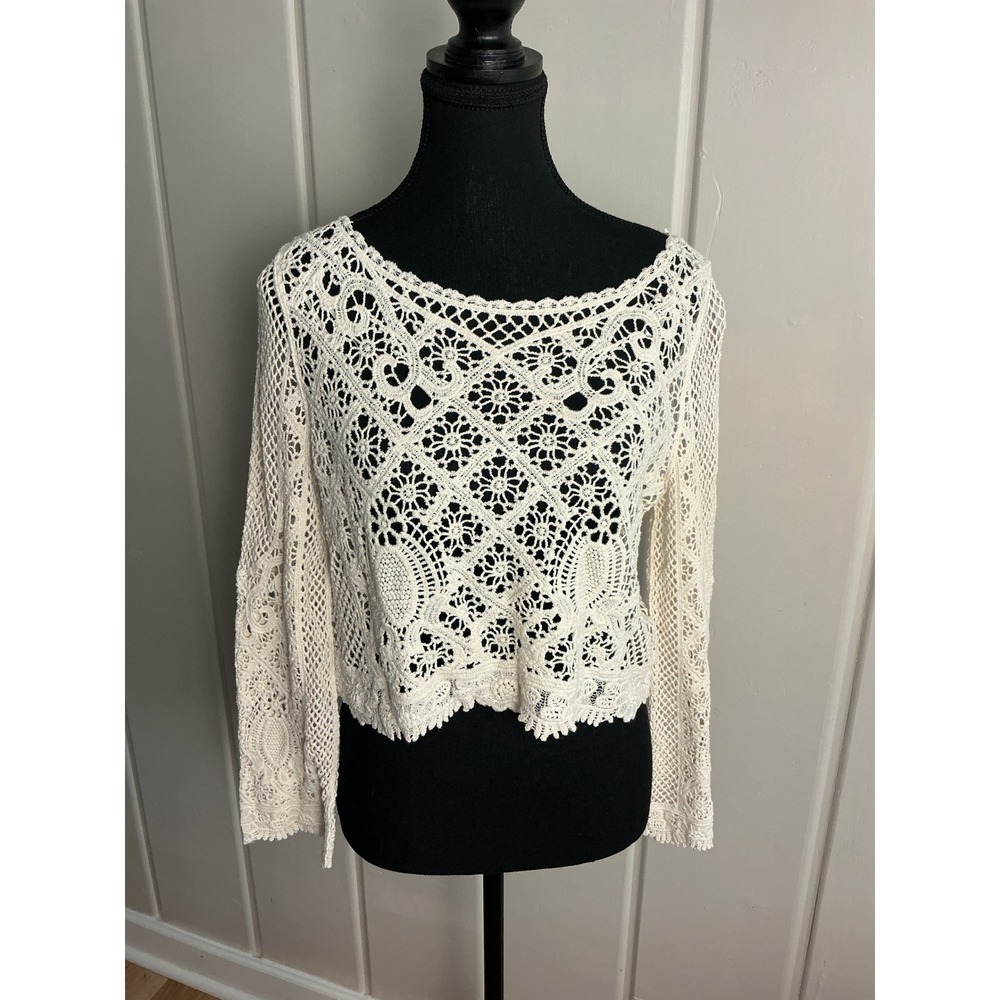 GLG Good Luck Gem Cream Crochet Lace Long Sleeve Crop Top Boho Festival XS